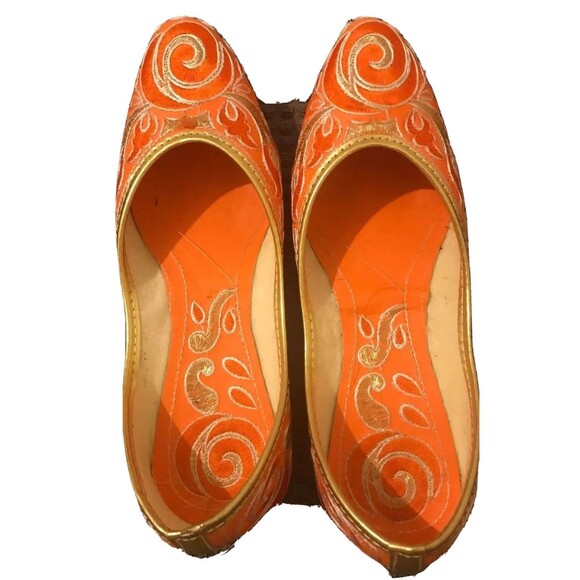 Indian Shoes Traditional Slip On Flats Handmade India Embroidery Orange‎ Women 8 - Picture 1 of 4